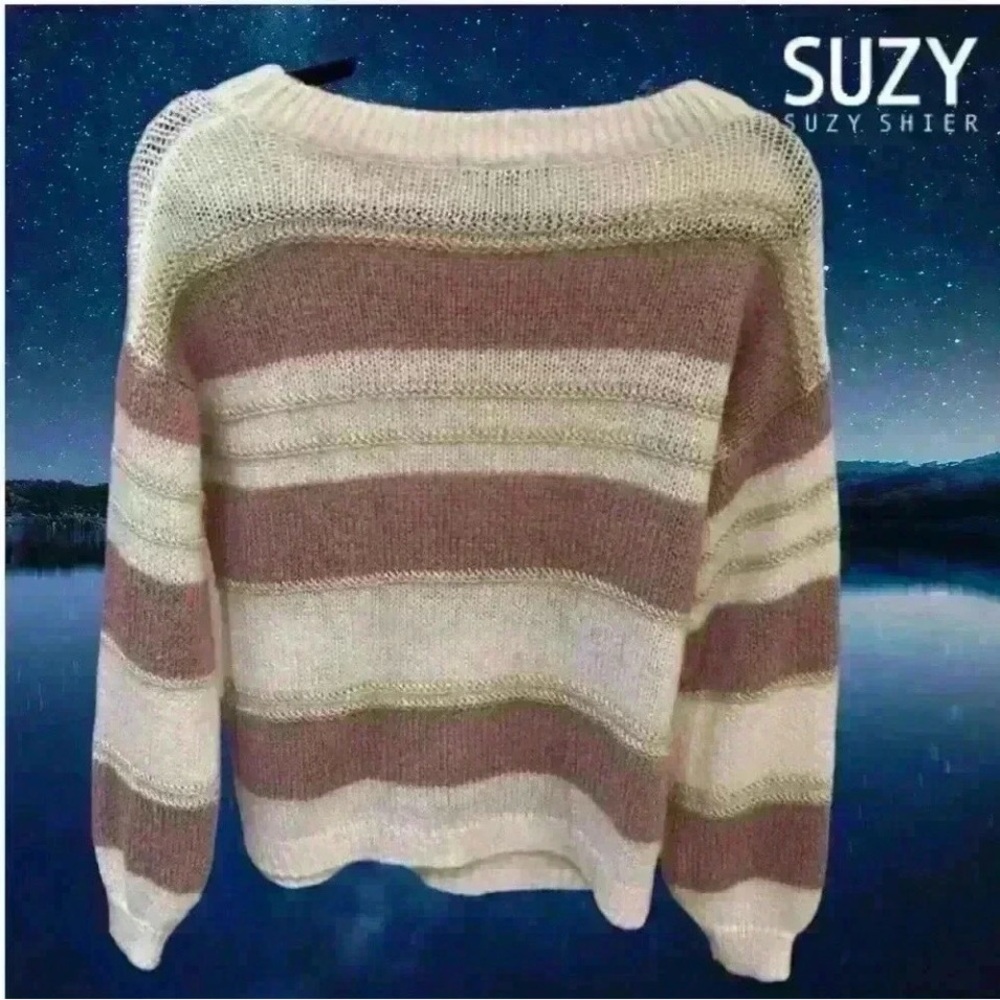 Suzy Shier Pink and White Striped Crew Neck Sweater - Picture 7 of 9